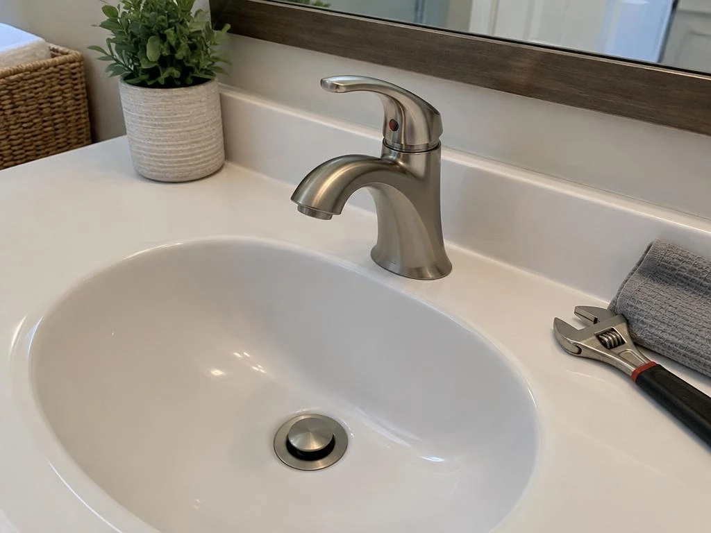 Installed brushed nickel faucet with a wrench beside the bathroom sink