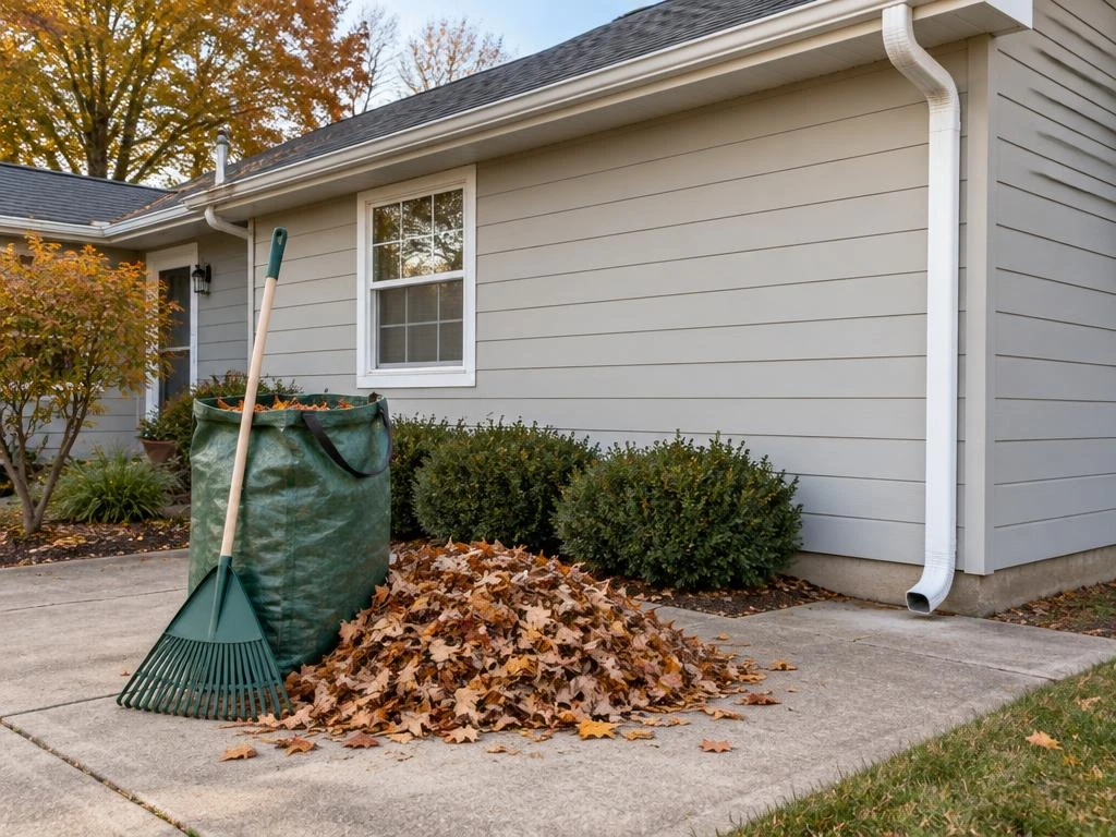 Seasonal leaf cleanup beside a home with clear gutters