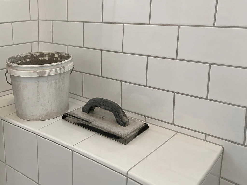 Fresh bathroom tile grout with tools on a tiled ledge