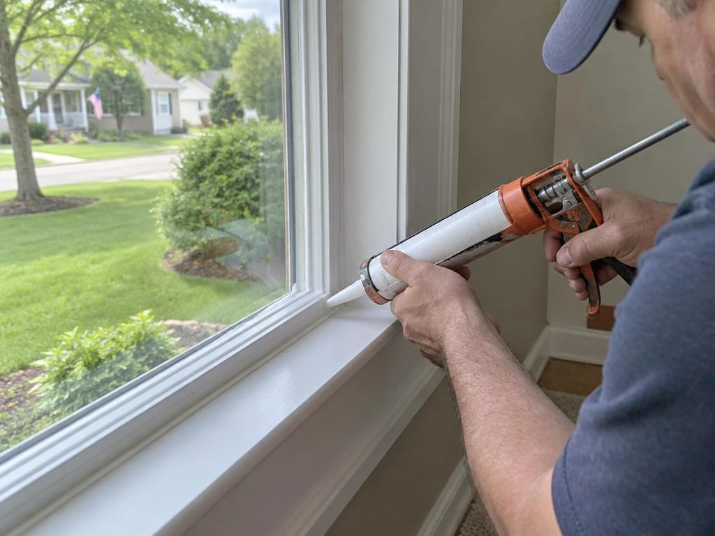Applying caulk along a window frame