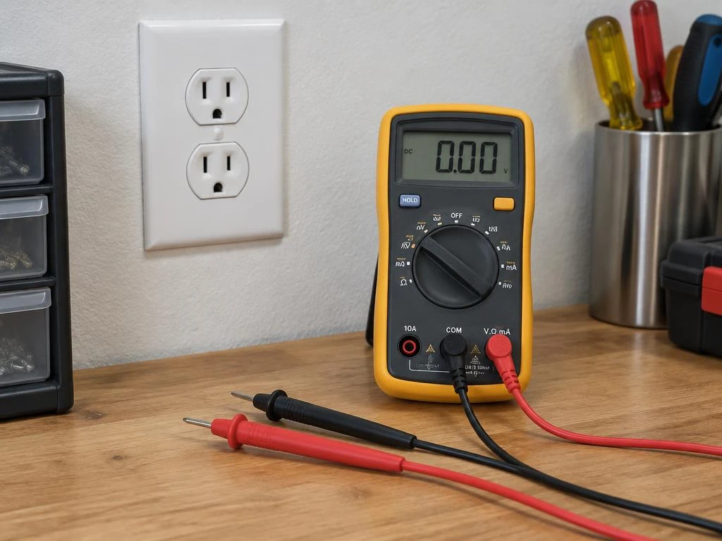 Multimeter and connected test leads beside a residential outlet